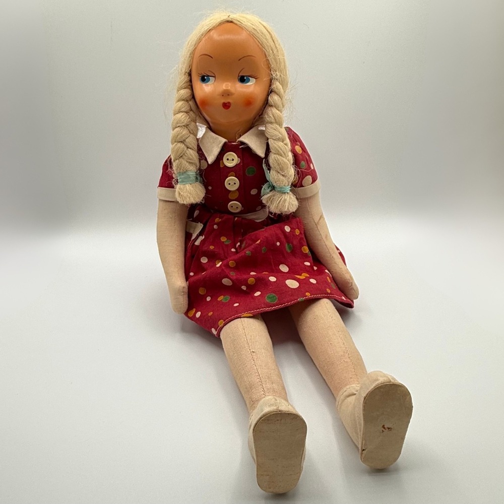 Vintage 16" Polish Style Cloth Sawdust Doll Celluloid Plastic Head, Soft Body - Picture 2 of 5
